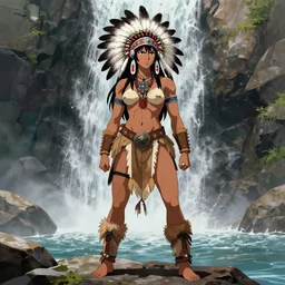 Anime-style full length portrait of a fierce muscular Arikara warrior woman wearing tribal skins and a feathered headdress. She stands tall by a rocky cascade. Noble bearing. Award winning Fantasy rpg character concept art.