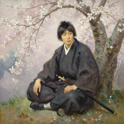 an oil painting of a samurai warrior sitting under a cherry tree with white blossoms, edward robert hughes, sakimi chan