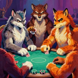 Furries playing poker. trending on artstation, vibrant palette, boldly-inked gouache artwork, acrylic painting on oiled canvas, highly detailed digital illustration