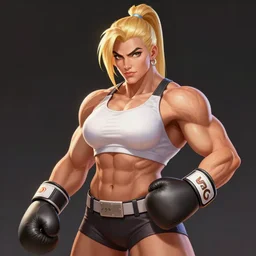 portrait of a beautiful thick muscular fitness model zarya from overwatch wearing boxing gloves and showing her abs and big pectorals, roided face, blonde hair and ponytail, elegant, art by stanley artgerm lau wlop rossdraws james jean andrei riabovitchev marc _ simonetti and sakimichan tranding on artstation