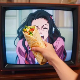 a 4k, HD, hyperealistic, highly detailed photo of Sadako reaching out of the Television to grab a large burrito