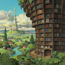 a beautiful surreal and twisted library located at the right of a beautiful enchanted landscape in the style of Hayao Miyazaki.