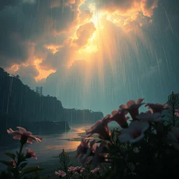 ta ha, volumetric lighting, highly detailed, by greg rutkowski, complementing colors, god looking at me, heavy rainy, lofty heavens, water reflection, flowers, hyper realistic, concept art, 8 k detail post - processing
