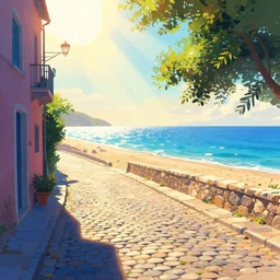 a lonely cobblestone street, near the beach and the sea, brightly illuminated by rays of sun, artstation, colorful sylvain sarrailh illustration
