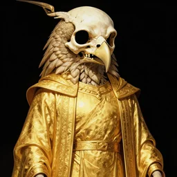 golden robed ancient god with a giant bird skullhead, comic book texture, 4 k asymmetrical portrait, frank miller, jamie hewlet, ashley wood, tom lovell, mike mignola, trending on artstation, norman saunders, will eisner, 4 k