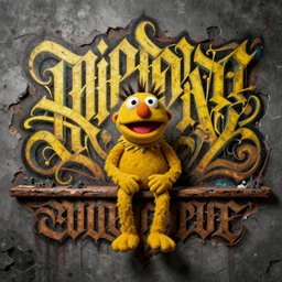 highly detailed matte painting, of punk muppet sitting on maximalist 3 d calligraphy graffiti tag light eroding grey walls, by atey ghailan, by greg rutkowski, by greg tocchini, by james gilleard, by joe fenton, by kaethe butcher, yellow, brown, black and cyan mystical color scheme, grunge aesthetic, octane render
