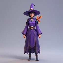 Young beautiful short woman in purple witch robes and pointy hat with a small pet tiny adorable phoenix on her shoulder, full body shot, digital art, detailed render, 3D material, Cell Shader