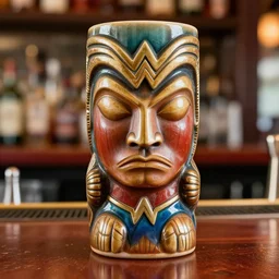 a closeup photorealistic photograph of a wonder woman style tiki mug placed on a trader vic's bar featuring wonder woman's face. tiki theme. bright scene. fine detail. this 4 k hd image is trending on artstation, featured on behance, well - rendered, extra crisp, features intricate detail, epic composition and the style of unreal engine.