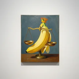 a classic and popular painting known as the banana king judges with a divine ⚖, a painting in a fine canvas is displayed on a clean wall