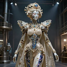 a incredible elegant hollow bionic art nouveau alien galaxy japanese pearl queen superhero, with ornate jewelled, sci - fi, high - tech, the met museum, streamlined, futuristic, spot lighting, led, photorealistic, high detailed, concept art, exquisite aristocratic, industrial factory by leonardo da vinci rendered in octane 8 k