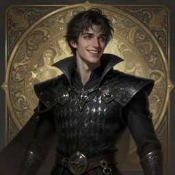 a mind - blowing portrait of a young shadow mage male, wearing a vest with diamond pattern, joyful, d & d, fantasy, intricate, elegant, highly detailed, digital painting, artstation, concept art, matte, sharp, illustration, hearthstone, art by artgerm and greg rutkowski and alphonse mucha