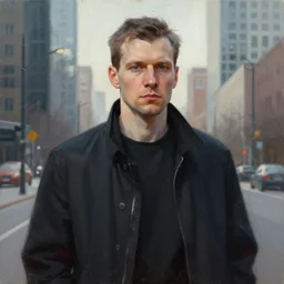 masterpiece painting of a portrait of a Russian man, black jacket and short Hair in a modern city, featured in artstation, concept art by Greg Rutkowski, WLOP, Dan Mumford, Christophe Vacher