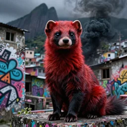 photo ( far _ shot ), subject [ furry _ fandom _ fursona _ original _ character ( red - black, anthropomorphic _ humanoid, weasel - ferret - stoat ) ], background ( dark _ smoke ), medium [ graffiti ( spray _ paint, concrete _ wall ) ], location ( rio - de - janeiro, favela )