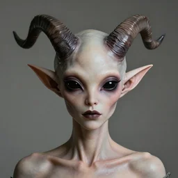 a beautifully creepy portrait, female alien, professionally retouched, soft lighting, realistic, pointed elf ears, horns,, jet black alien eyes, wide angle, sharp focus, 8 k high definition, insanely detailed, intricate, elegant, beautiful, horros, creepy, art by artgerm and wlop