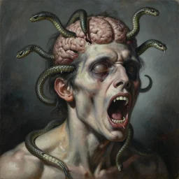 an oil on canvas painting of a screaming decapitated man's partially decomposing with empty eye sockets and many biting serpents swarming out of his exposed brain, a surrealist painting, polycount, surrealism, surrealist, lovecraftian, cosmic horror, high detail