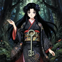 anime key visual of amora the enchantress wearing intricate ornate kimono!! intricate, black, magical forest, stunning, highly detailed, digital painting, artstation, smooth, hard focus, illustration, art by artgerm and greg rutkowski and alphonse mucha