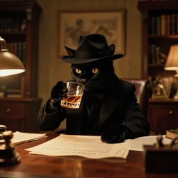 detective cat is drinking whyskey at his office, zenith view, warm color palette, night time, dramatic lighting, noir film, fine details, high contrast, blacksad, juan diaz canales, juanjo guarnido, greg rutkowski, trending on artstation, 8 k, ultra wide angle