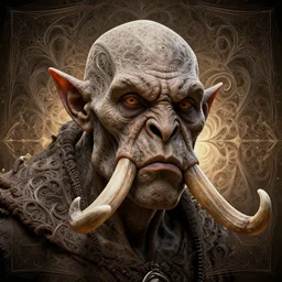 full portrait of an orc of fractals and patterns, wrinkled face, curved tusks, hyper - detailed, background intricate and detailed, ornate 8 k gorgeous intricate detailed, octane render, backlit, global illumination