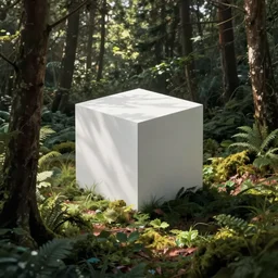 A white cube in the middle of a forest landscape, by bob ross
