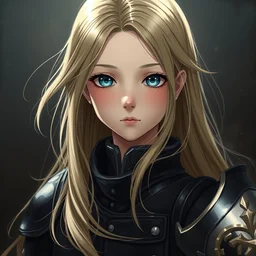 baroque oil painting character ln illustration lotr anime key visual character portrait | young girl black military crusader armour | long flowing blonde hair blue eyes | symmetrical perfect face fine detail delicate features soft quiet gaze | fitted black military uniform | gapmoe kuudere moody lighting bokeh | trending on pixiv fanbox | by greg rutkowski makoto shinkai takashi takeuchi studio ghibli