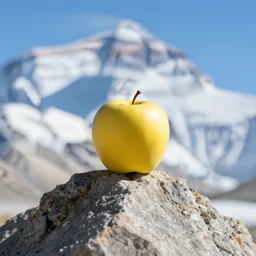 a yellow apple is sitting on the peak of mount everest, clear focus, bokeh effect, high res