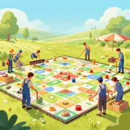 workers in a field, board game cover art,