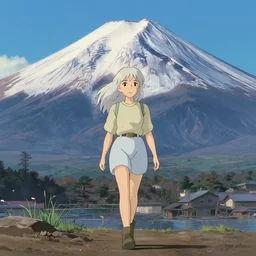 beautiful blond silver hair young woman walking up Mount Fuji in the style of studio ghibli