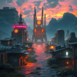 photo environement post futurist town : 4, 4 k rtx hdr volume light concept studio matte painting environement digital illustration style art that looks like it is from borderlands and by feng zhu and loish and laurie greasley, victo ngai, andreas rocha, john harris by jesper ejsing, by rhads, makoto shinkai and lois van baarle