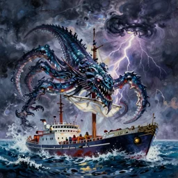 terrifying kraken dragging a whaling ship beneath the waves | ominous storm with lightning flashing on the horizon | vivid acrylic painting trending on Artstation backlit by volumetric lighting