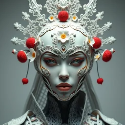 complex 3 d render hyper detailed ultra sharp beautiful sophisticated female futuristic biomechanical samurai with carved porcelain ivory fair face, iris van herpen daisies corals cyberpunk filigree lace haute couture headdress with rhizomorph finials spires, brackets, yelllow vivid colors, fractal red puffballs, octane render, 8 k