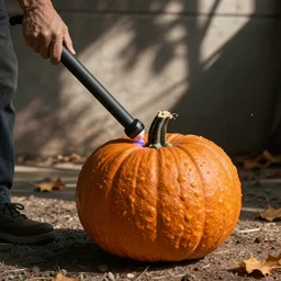 a pumpkin being inflated with a 'bicycle pump'