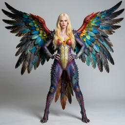 a portrait photograph of a bald elle fanning as a colorful harpy super hero with slimy reptile skin. she is trying on a strange amphibian catsuit and transforming into a feathered alien beast. by tom bagshaw, donato giancola, hans holbein, walton ford, gaston bussiere, peter mohrbacher and brian froud. 8 k, cgsociety