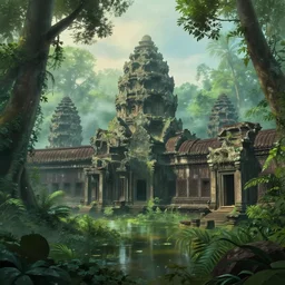 a misty jungle on another planet. flooded ruins the remind us of angkor wat. thick atmosphere. gorgeous beyond imagination. in the style of studio ghibli and pixar, unreal engine 5. 0