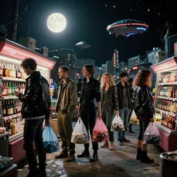 diverse queue with plastic bags, to a liquor store in cyberpunk outfits in a Russian slum city called Neo Norilsk on the Moon, at night, lots of hovercraft, lively, black sky full of stars, blinding sun, sci-fi, photorealistic, grainy, 35mm, intricate, very very beautiful, elegant, smooth, cinematic, Unreal Engine 5, by Beeple, trending on Artstation HD