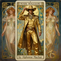 a dramatic ethereal epic symmetrical painting of a handsome cowboy in a gold outfit | tarot card, art deco, art nouveau,  (steampunk), homoerotic, highly detailed | by Mark Maggiori ((((by Alphonse Mucha)))),  | trending on artstation