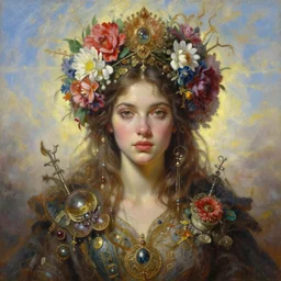 portrait oil painting, a beautiful young woman, floral headdress, flowers, fantasy character portrait, ultra realistic, wide angle, intricate details, mass effect, artifacts, luminous skies, highly detailed, michael cheval, peter mohrbacher, boris vallejo, jessica rossier, oil painting, highly detailed, cinematic lighting