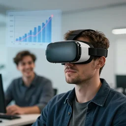 beautiful hyper-realistic style cinematic work where a man with virtual reality glasses appears, in the background you can see a happy man and in the background there is a graph of good financial returns