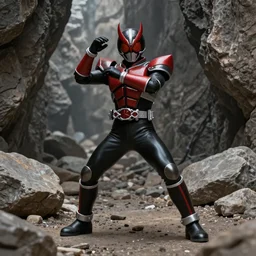 Demonic Kamen Rider standing in a rock quarry doing a henshin pose, full body, single character, League of Legends Splash Art, high quality, 4k, concept art, illustration, rubber suit, Arcane style