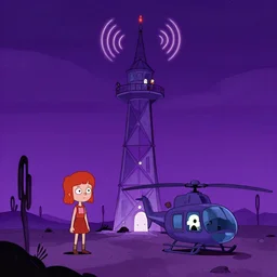 artgerm, abigail larson, saul bass, purple color pallete, welcome to night vale, radio tower, radio signals, helicopter, desert, spooky strange weird quirky, cartoon, 2 d, chiral lighting, night time