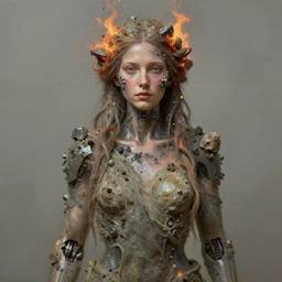 oil portrait | character | full medium shot | front close - up | dressed in long rags with minerals, fire in your hair, ethereal, accurate goddess, micro details, tiny mineral embellishments on the face, particles, octane render, aertstation, fine art, intrincate. by peter mohrbacher, marc simonetti, anna podedwor, cyborg