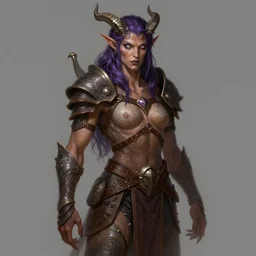 Alluring Tiefling Druid with horns, leather armor light-brown skin, dark purple hair, and silver eyes full body, dungeons and dragons portrait, highly detailed, digital painting, artstation, concept art, sharp focus, illustration, art by artgerm and greg rutkowski and alphonse mucha