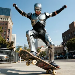 brad pitt as robocop skateboarding in hell, 8 k,
