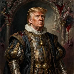 royal oil portrait of president donald trump as a historic fool. medieval dirty and grimy noble. historic royal portrait from the elizabethan era. oil painting, highly detailed, bloody horror dilapidated satanic, grime, dirt, centered, digital painting, artstation, concept art, smooth, sharp focus, illustration, artgerm, tomasz alen kopera, peter mohrbacher, donato giancola, joseph christian leyendecker, frans hals, rembrandt