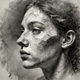a womans face in profile made of breaking marble in the style of the beeple and wlop, intricate details, trending in art station, charcoal, beautiful