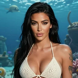 tattooed Kim Kardashian wearing a crochet bikini, atlantis in the background, one eye wink, highly detailed face, realistic face, beautiful detailed eyes, fantasy art, in the style of greg rutkowski, illustration, epic, fantasy, intricate, hyper detailed, artstation, concept art, smooth, sharp focus, ray tracing, vibrant,