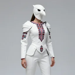 female adventurer in tight full - body white embroidered leather armor of vyshyvanka design and a white porcelain crow mask, trending in artstation, ukrainian, establishing shot