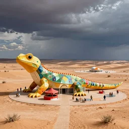 architectural photograph by iwan baan of a cheerful recreational building in the shape of a monitor lizard in the middle of the desert, colorful desert architecture designed by future systems