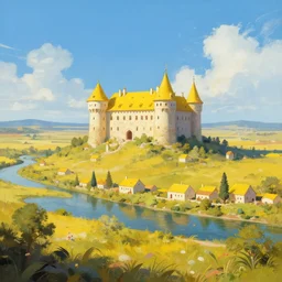 Fantasy solitary Castle on a plain, near a river, yellow roofs. Joyful matte painting by Darek Zabrocki and Emmanuel Shiu, 4k ultra detailed, great composition cinematic.