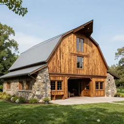 a wood and stone barn with patio, designed by Frank Loyd Wright