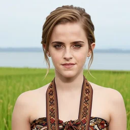 emma watson wearing batik bali in bali. temple lake rice field ocean. front view. instagram closeup holiday photo shoot, perfect faces, beautiful light
